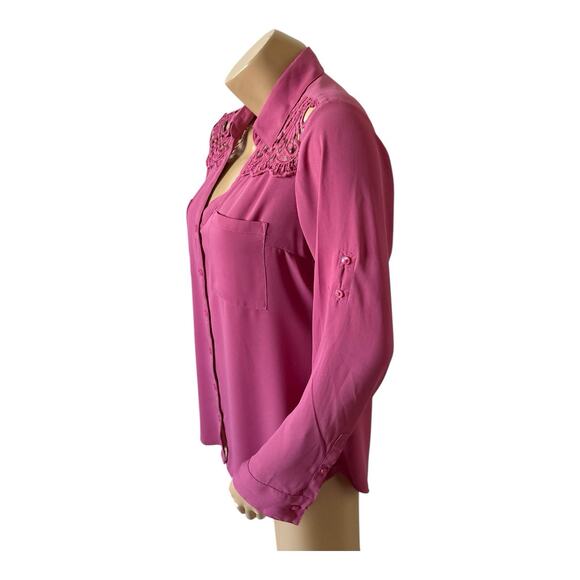 EXPRESS Womens Size Large Fuchsia Pink Convertible Portofino Button Front Shirt - Picture 2 of 9